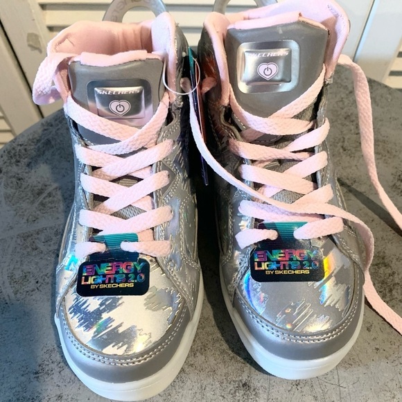 Skechers Energy Lights 2.0 Pink And Gray High Top Shoes size 1.5 girls NWT - Picture 4 of 11